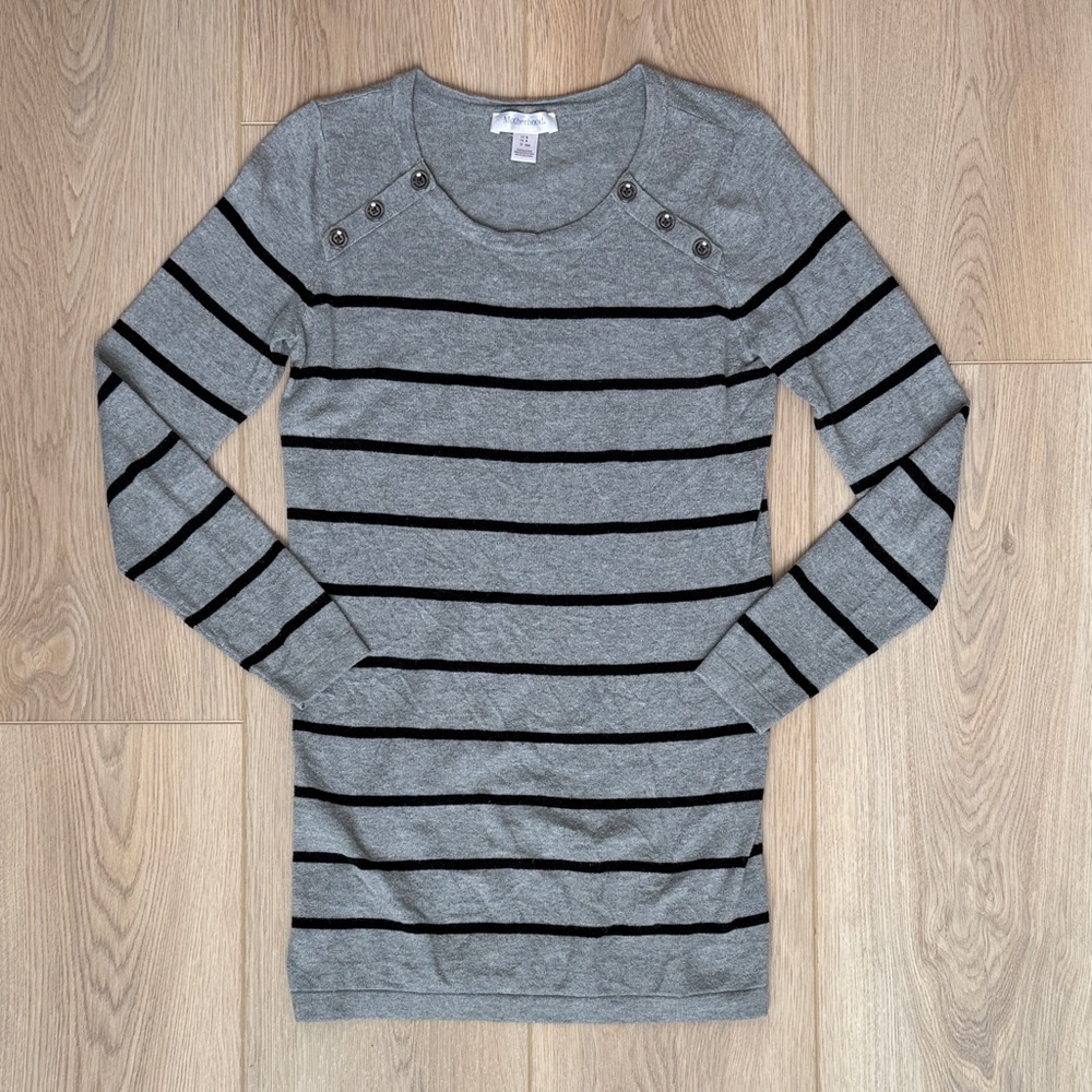 Motherhood Maternity Gray Crew Neck Sweater, Black Stripes + Button Details